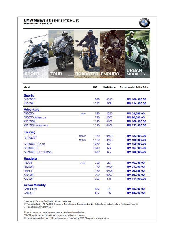 BMW Motorrad Price List